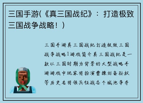 三国手游(《真三国战纪》：打造极致三国战争战略！)